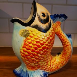 Ceramics of Bassano Italy Handmade  Pottery Pitcher Tropical Fish 9"